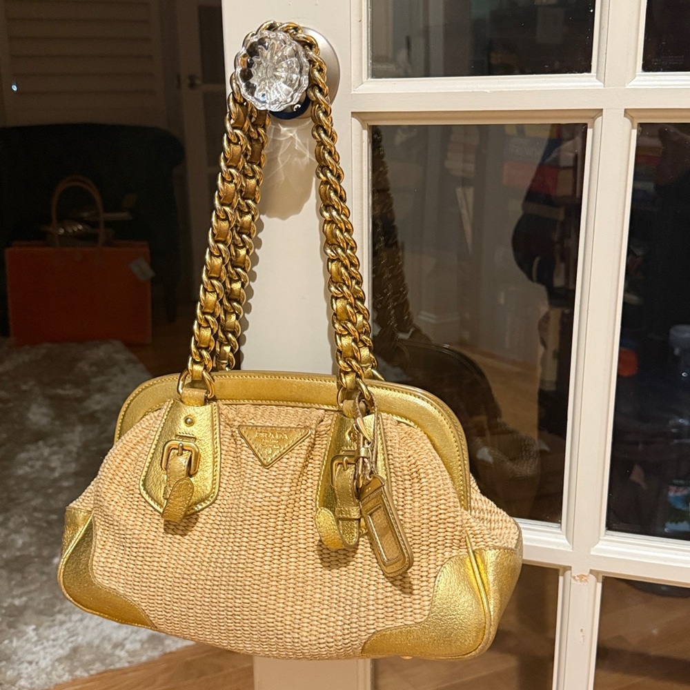 Prada Gold Leather and Straw Medium Shopping Tote Bag BR3690